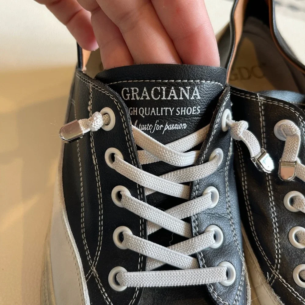 Graciana Black White Leather Platform Sneakers Toggle Laces 316153-00 Size 40